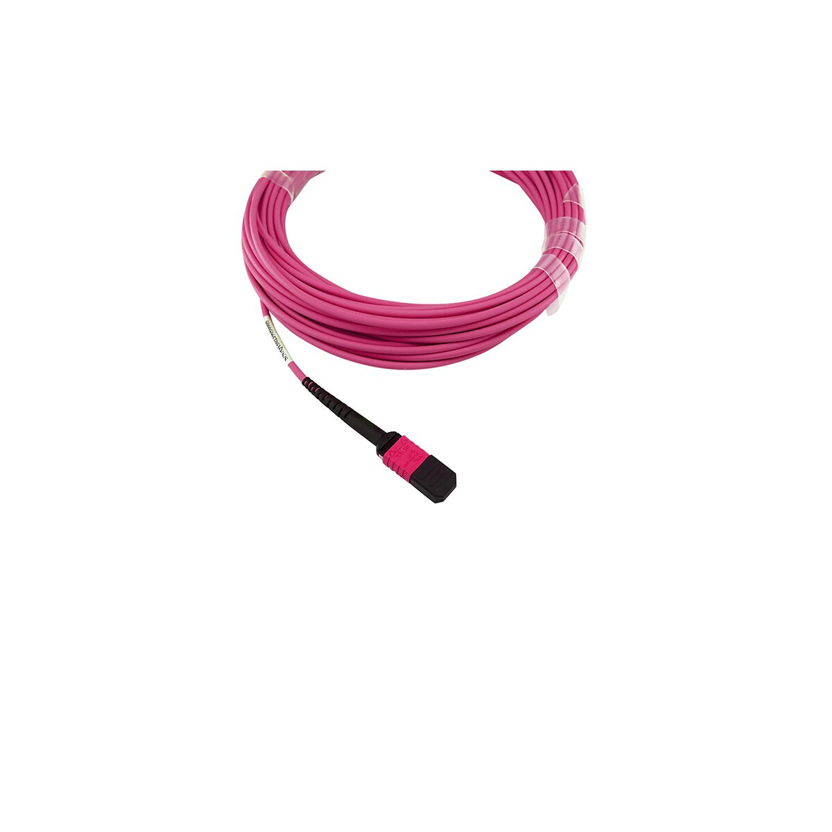 Un cavo in fibra ottica rosa con un connettore nero. Il cavo è arrotolato.