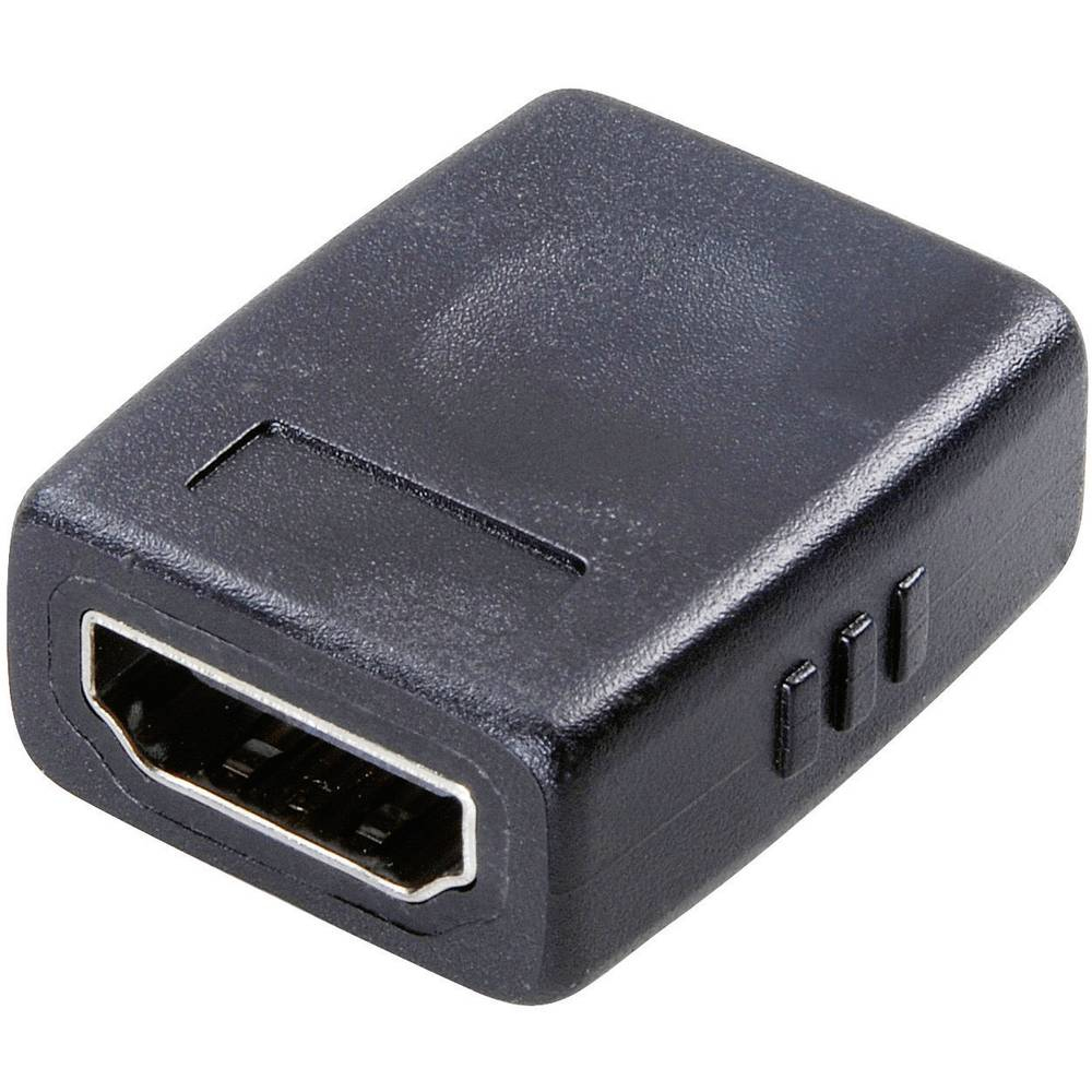 Un adattatore HDMI nero con una porta HDMI femmina. L'adattatore ha una forma rettangolare.