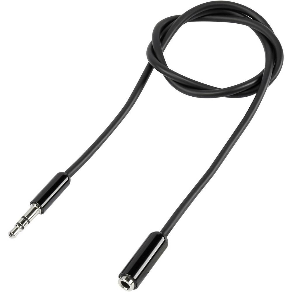 Cavo audio nero con jack da 3,5 mm e porta femmina da 3,5 mm su sfondo bianco.