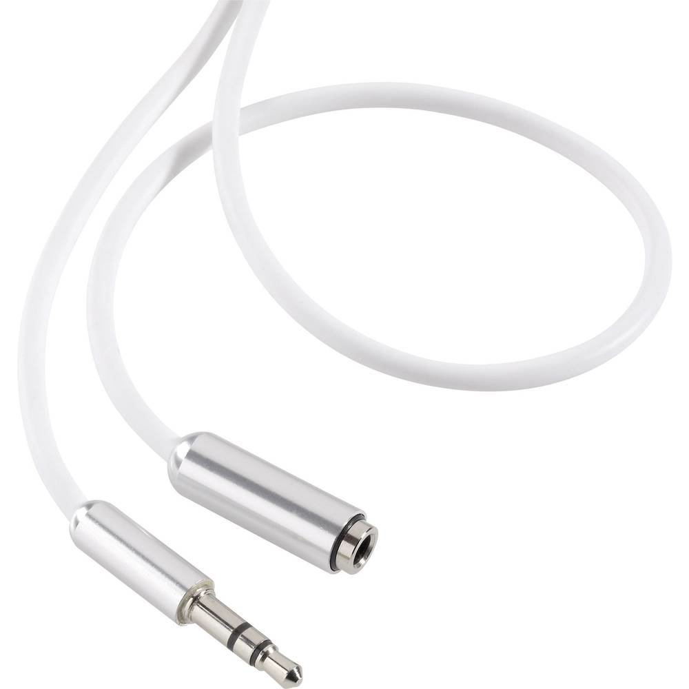 Cavo audio bianco con jack da 3,5 mm e presa da 3,5 mm. Punte dei connettori color argento.