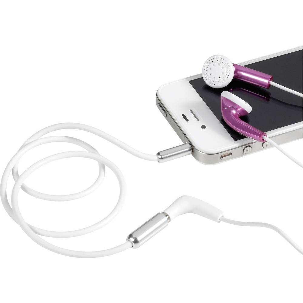 Telefono bianco collegato a cavo bianco con auricolari. Auricolari viola e bianchi.