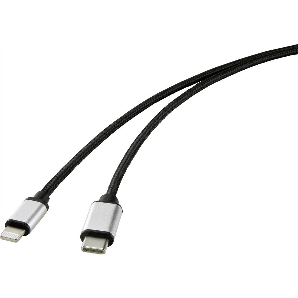 Dwa czarne kable USB-C i Lightning z czarnymi plecionymi kablami.