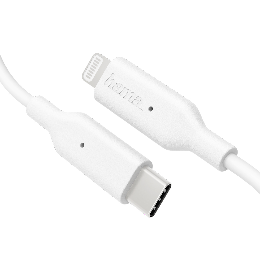 Primo piano di un cavo da USB-C a Lightning bianco.