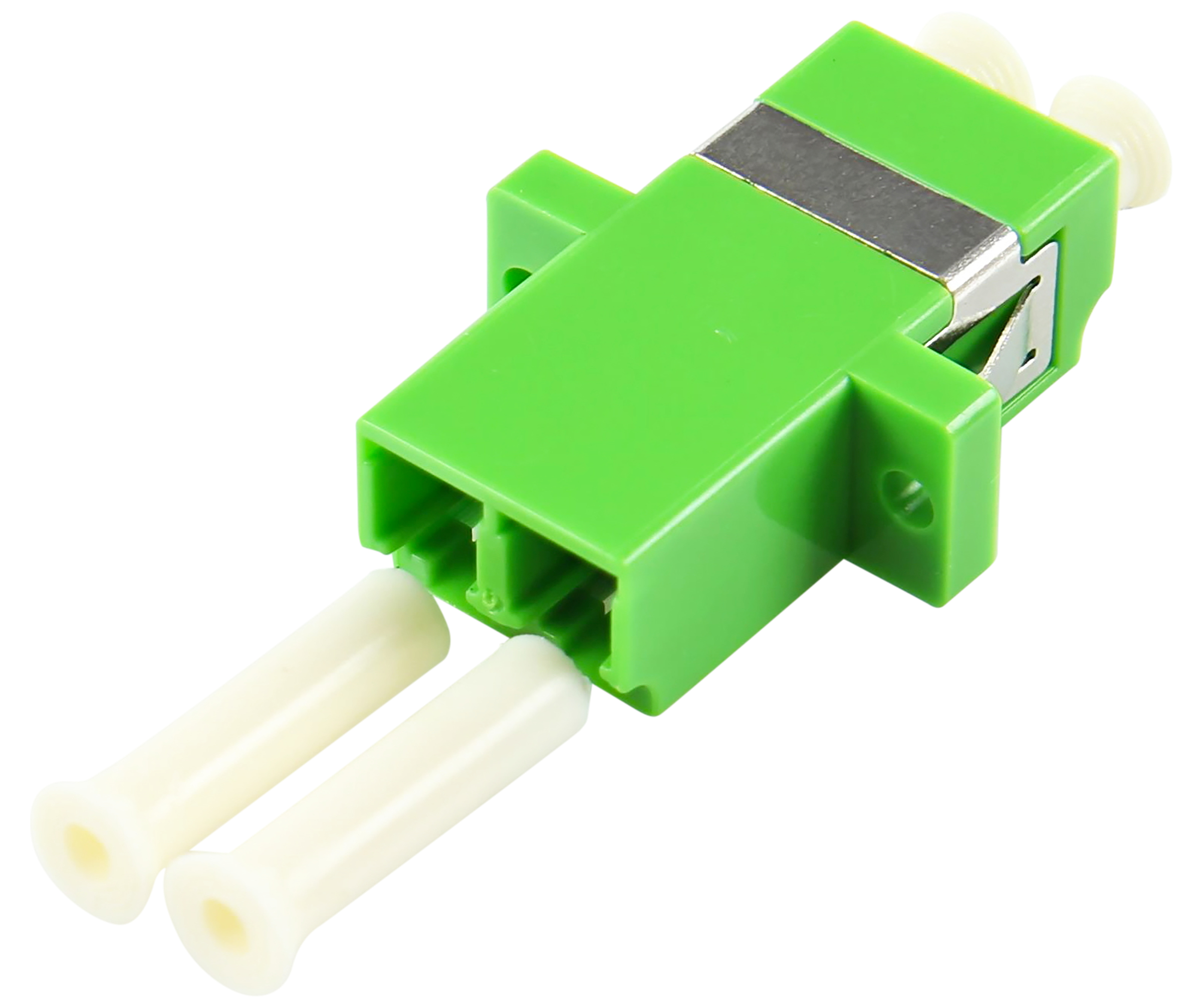 Un accoppiatore in fibra ottica verde con due connettori bianchi. L'accoppiatore ha una leva metallica.