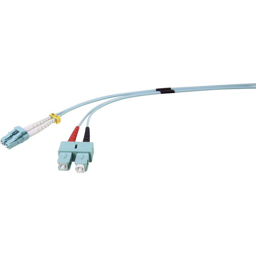 Cavi in fibra ottica blu con connettori, connettore nero, sfondo bianco.