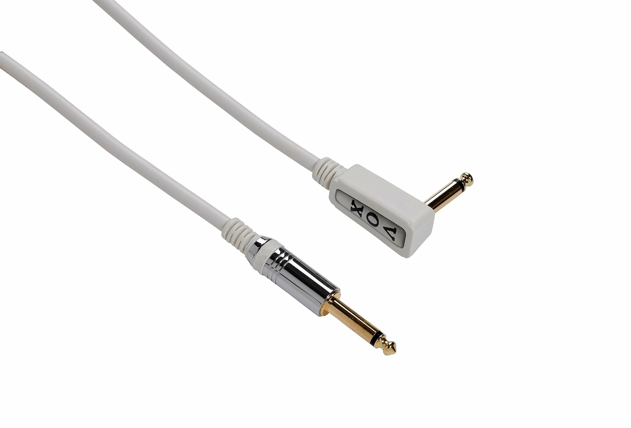 Cavo bianco con due jack. Uno dritto, l'altro ad angolo, entrambi con punte dorate e logo VOX.