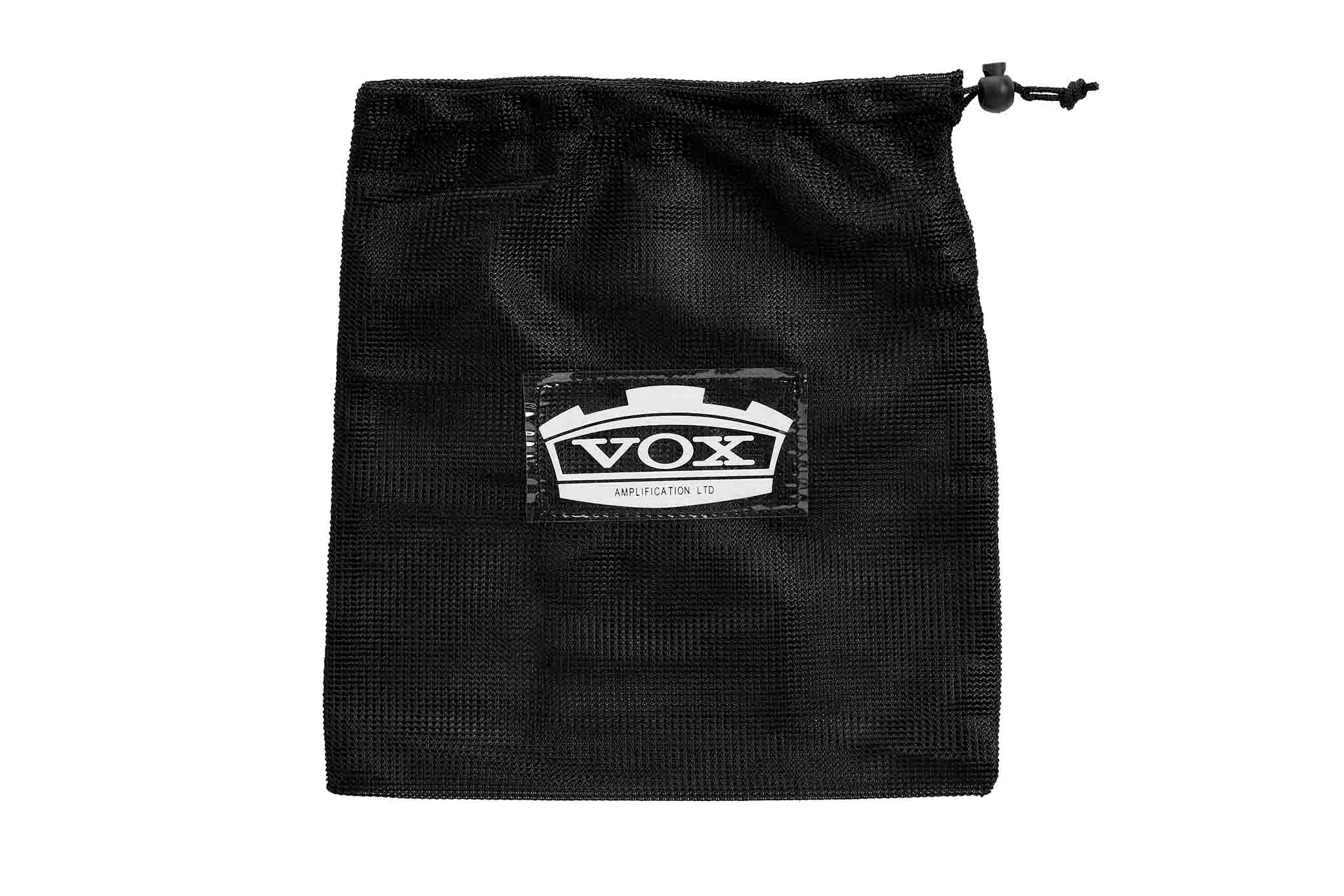 Borsa a rete nera con patch del logo di amplificazione VOX sul davanti. Chiusura con coulisse.