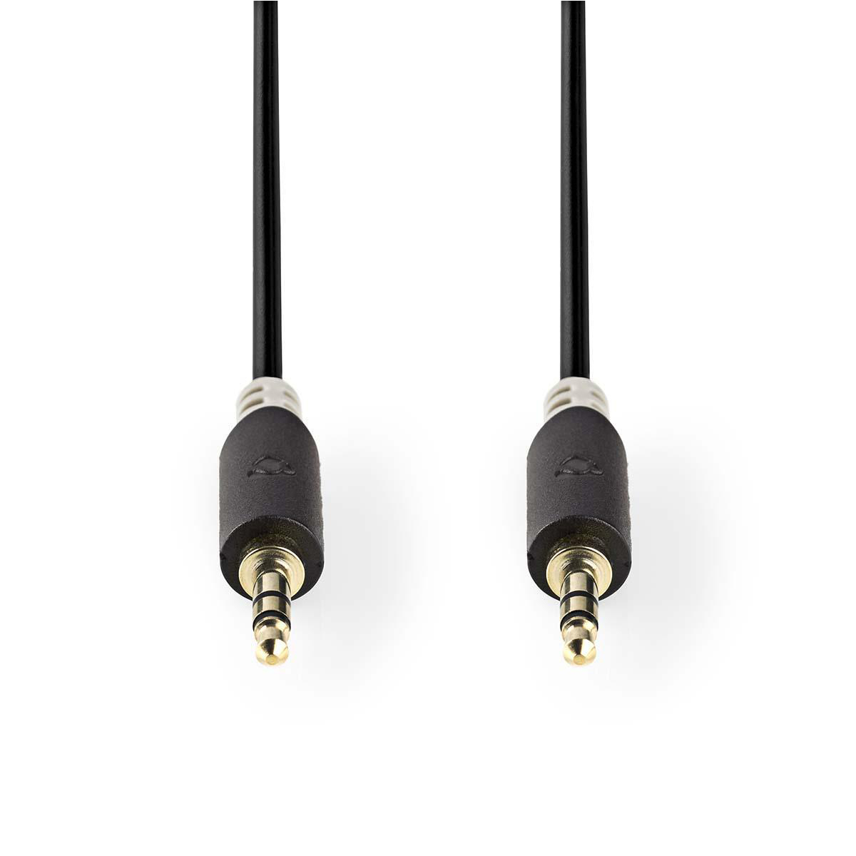 Dos cables de audio negros con conectores dorados. Fondo blanco.