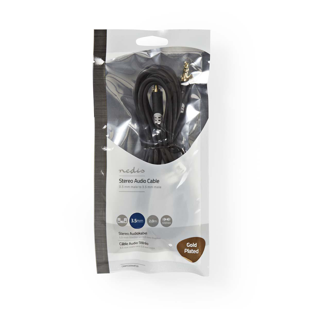 Un paquete transparente con un cable de audio negro en su interior. Es un cable de 3,5 mm macho a 3,5 mm macho.