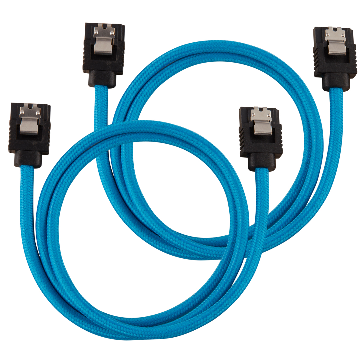 Quattro cavi SATA con guaina intrecciata blu e connettori neri. Sfondo bianco.