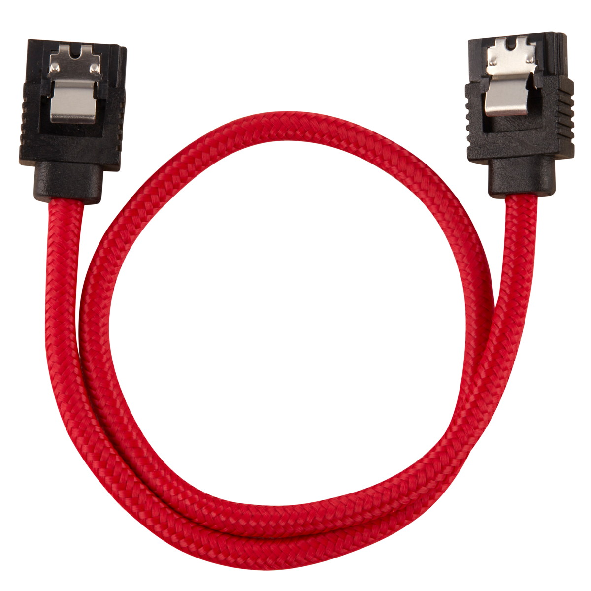 Cavo SATA rosso con due connettori. Il cavo è intrecciato.