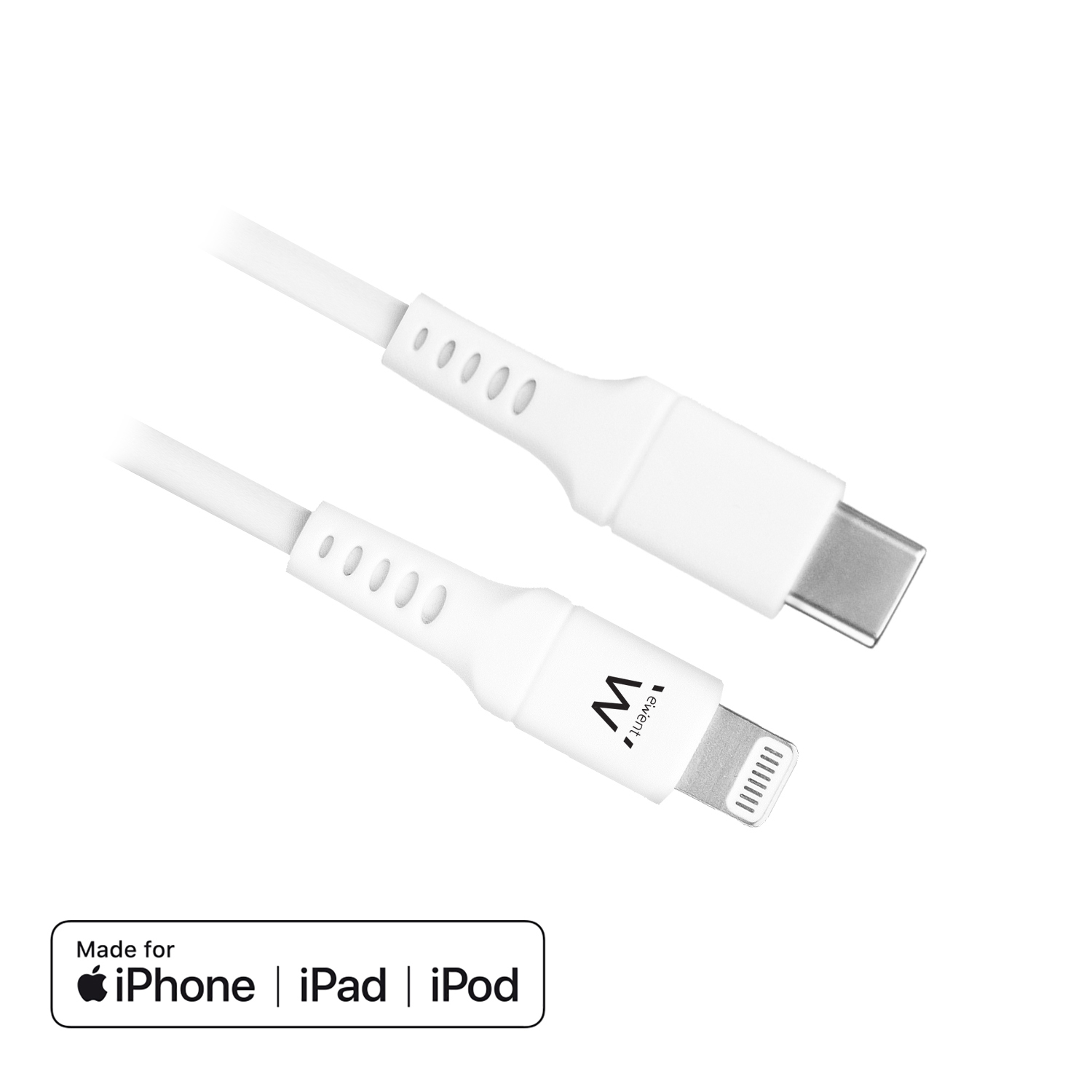 Cavi USB-C e Lightning bianchi con cavo bianco. Made for iPhone, iPad, iPod.