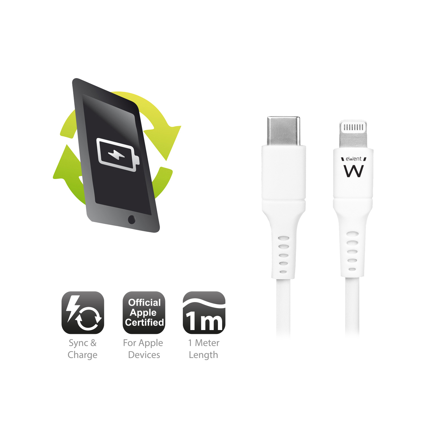 Cavo bianco USB-C a Lightning con icone. Tablet, batteria, sincronizzazione e lunghezza.