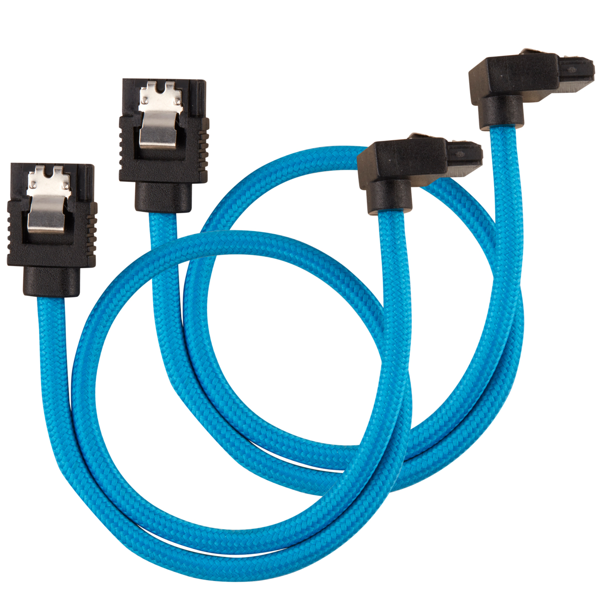 Tre cavi SATA blu con connettori neri su sfondo bianco.