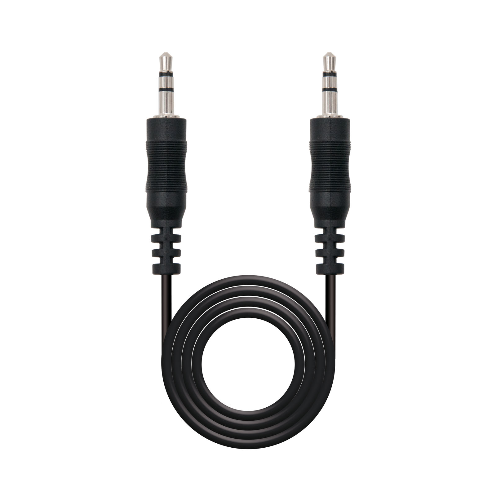 Cable de audio negro con dos conectores de 3,5 mm sobre blanco.