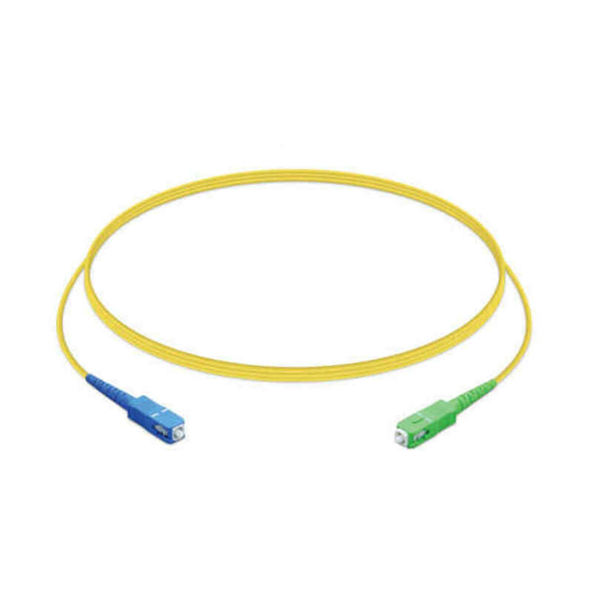 Cavo in fibra ottica giallo con un connettore blu e verde ad ogni estremità.