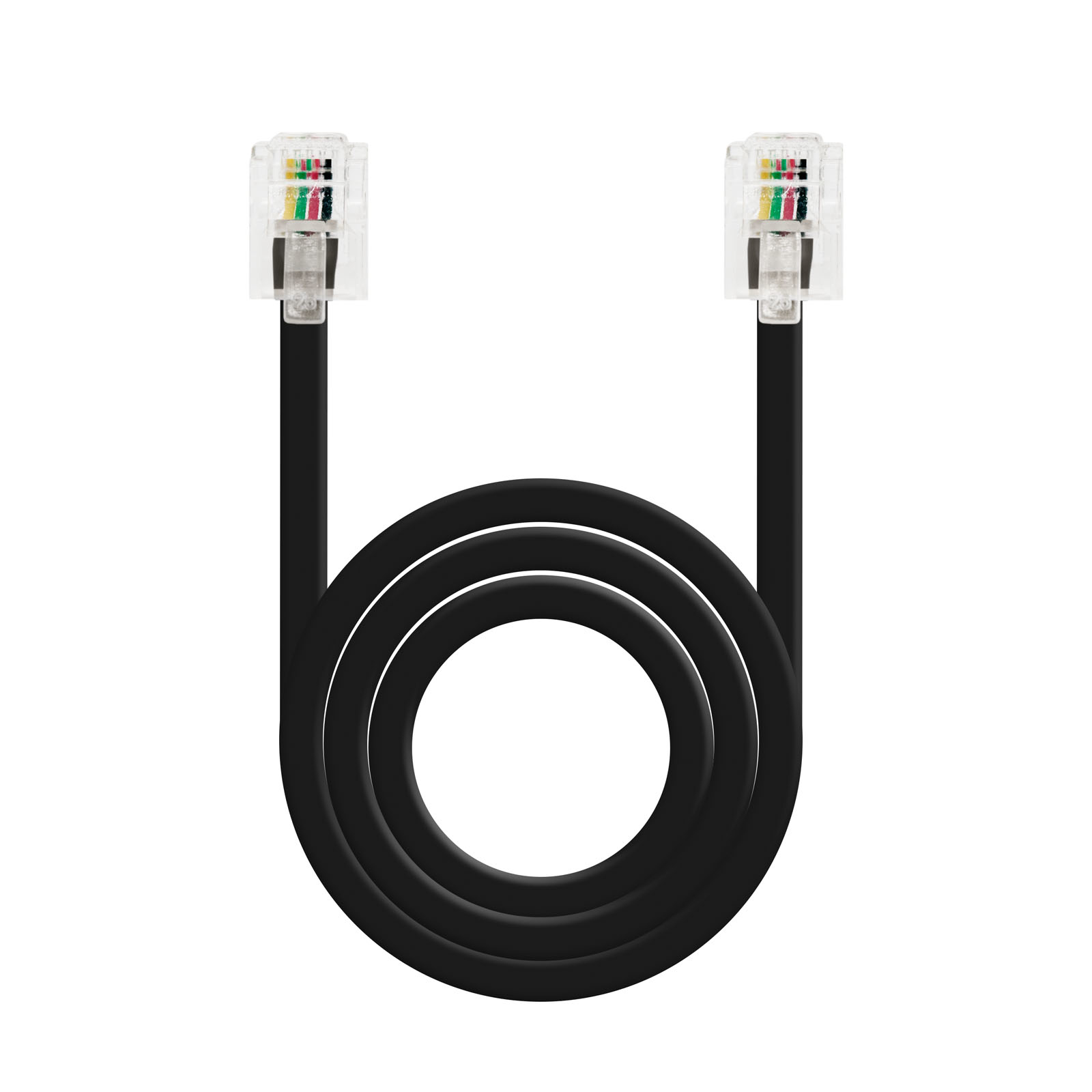 Cavo telefonico nero con due connettori RJ11 trasparenti, a forma di otto.