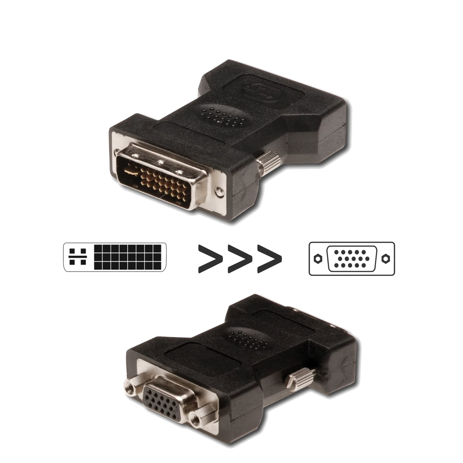 Adattatore da DVI a VGA nero con diagrammi che mostrano la conversione.