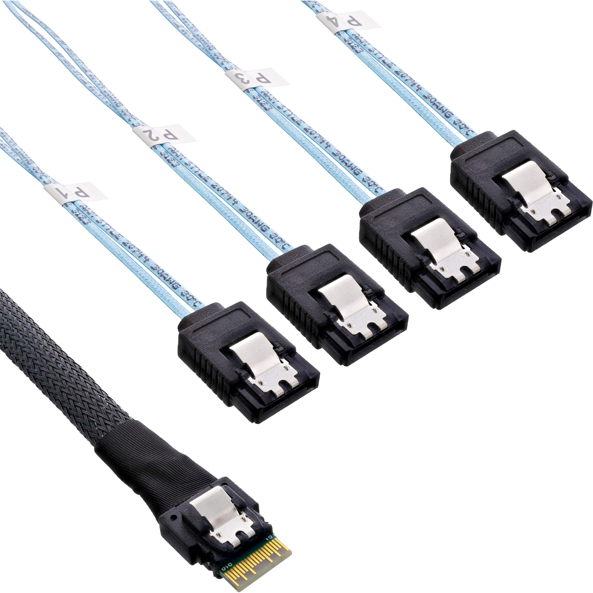 Vier SATA-Kabel mit schwarzen Steckern und blauen Kabeln. Sie befinden sich auf weißem Hintergrund.