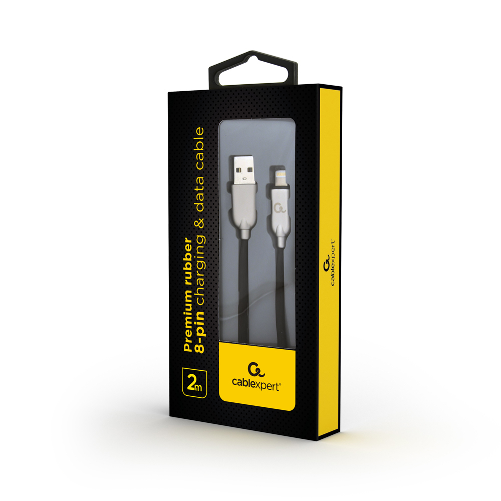 Scatola per cavi con cavo da USB a Lightning. Scatola nera, sfondo bianco, ricarica e dati.
