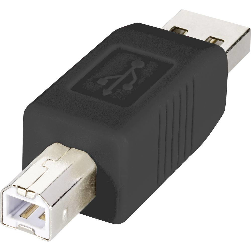 Adattatore nero da USB a stampante. Il simbolo USB è visibile sulla parte anteriore.
