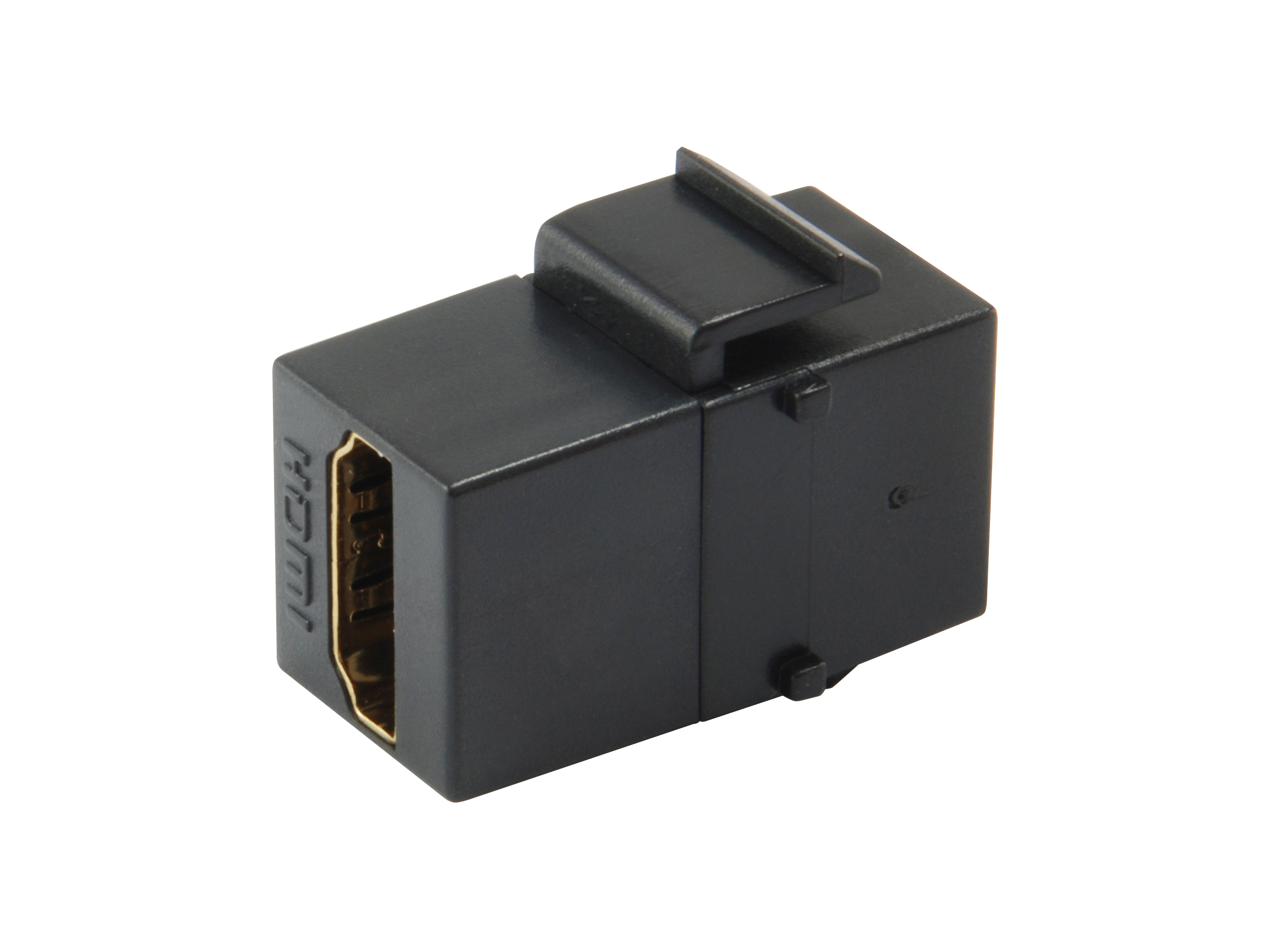 Czarny adapter złącza HDMI. Posiada port HDMI i klips.