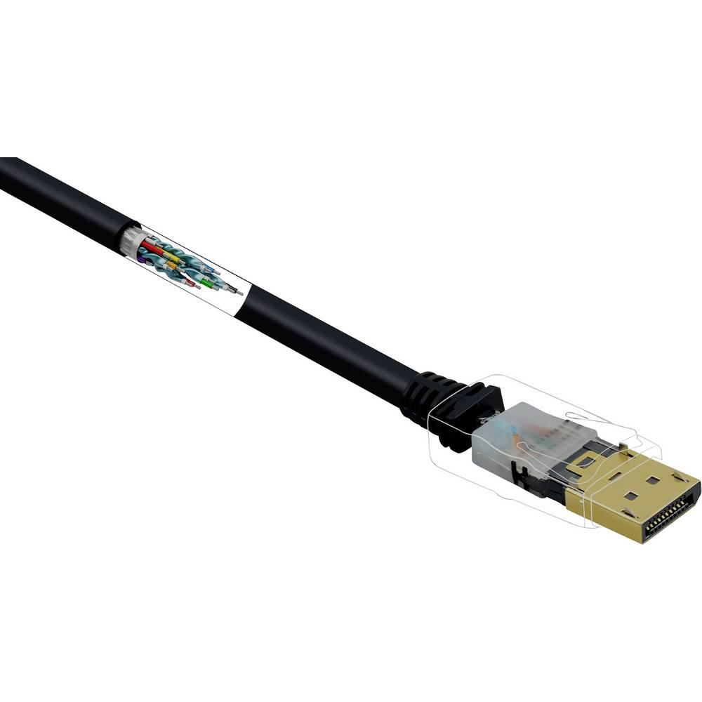 Sezione di un cavo DisplayPort. Mostra il cablaggio interno e i dettagli del connettore.