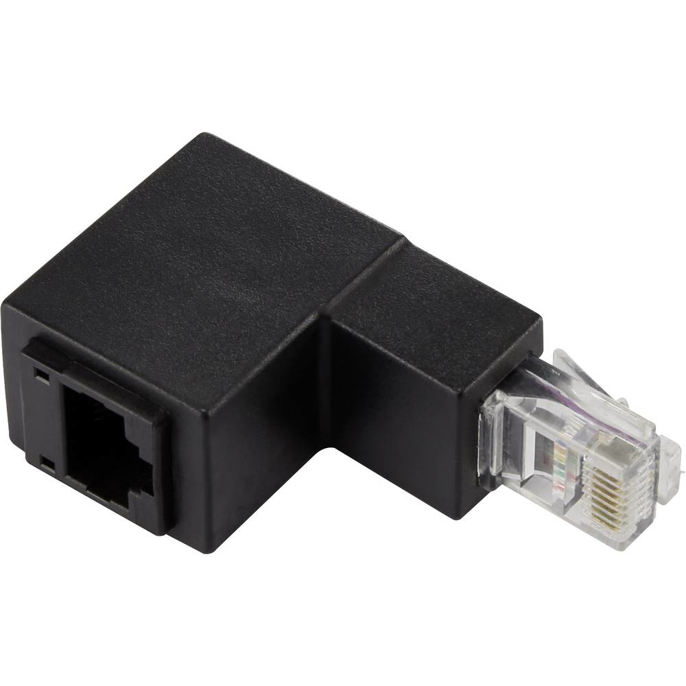 Adattatore ad angolo retto RJ45 nero con spina trasparente.