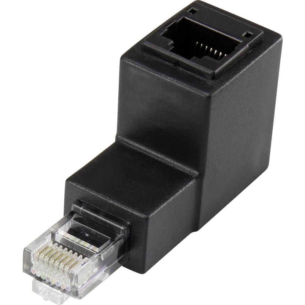 Adattatore di rete RJ45 nero. Ha un design ad angolo retto.