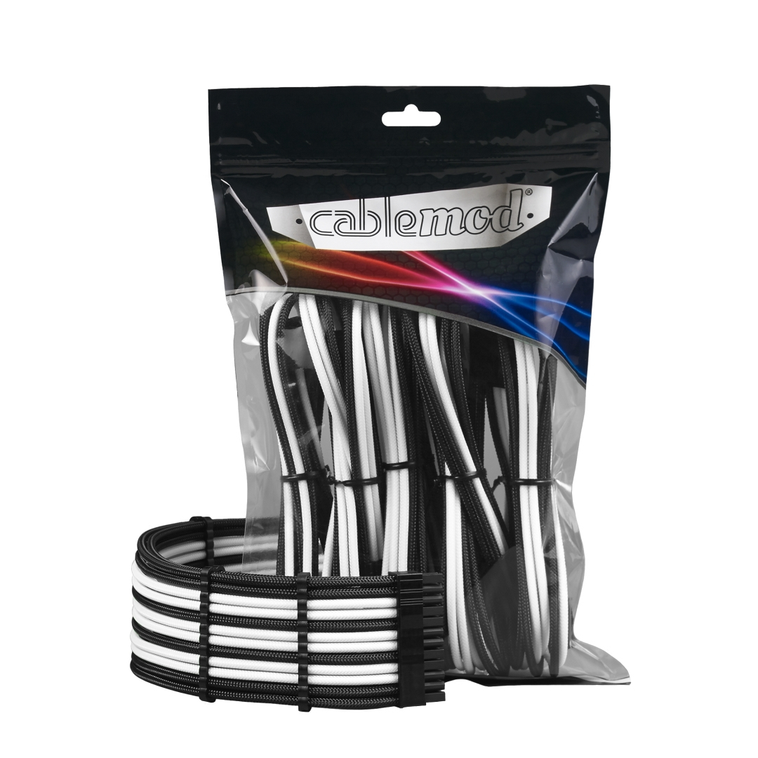 Zapakowane biało-czarne kable PC z logo 'cablemod'.