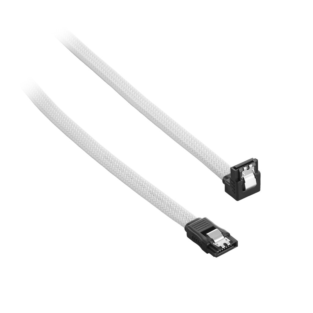 Due cavi SATA bianchi con connettori neri. Cavi su sfondo bianco.