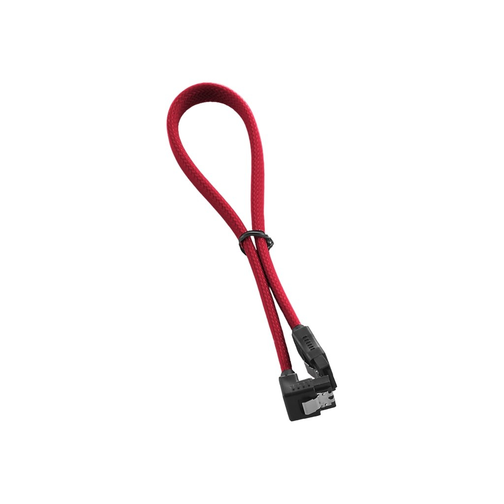 Cavo PC rosso con connettore nero. Fascetta nera. Sfondo bianco.