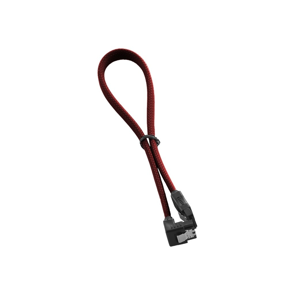 Cavo PC rosso con connettore nero. Fascetta nera. Sfondo bianco.