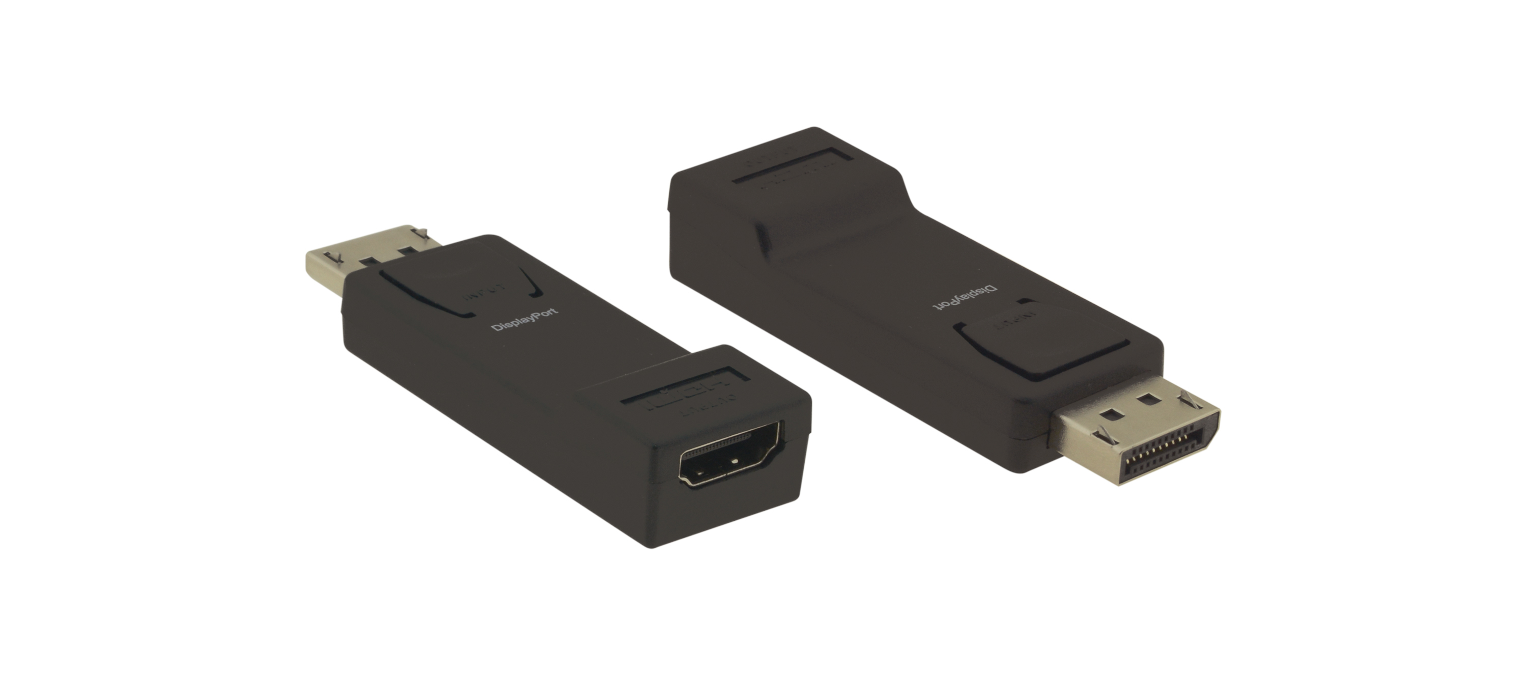 Due adattatori da HDMI a DisplayPort neri, contro uno sfondo bianco.