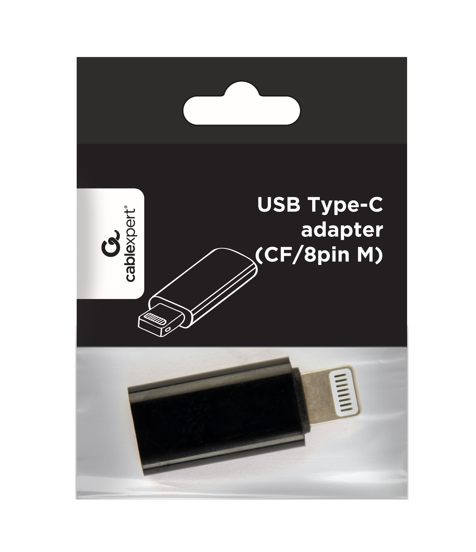 Czarny adapter. Adapter USB Typu-C w opakowaniu z tekstem.