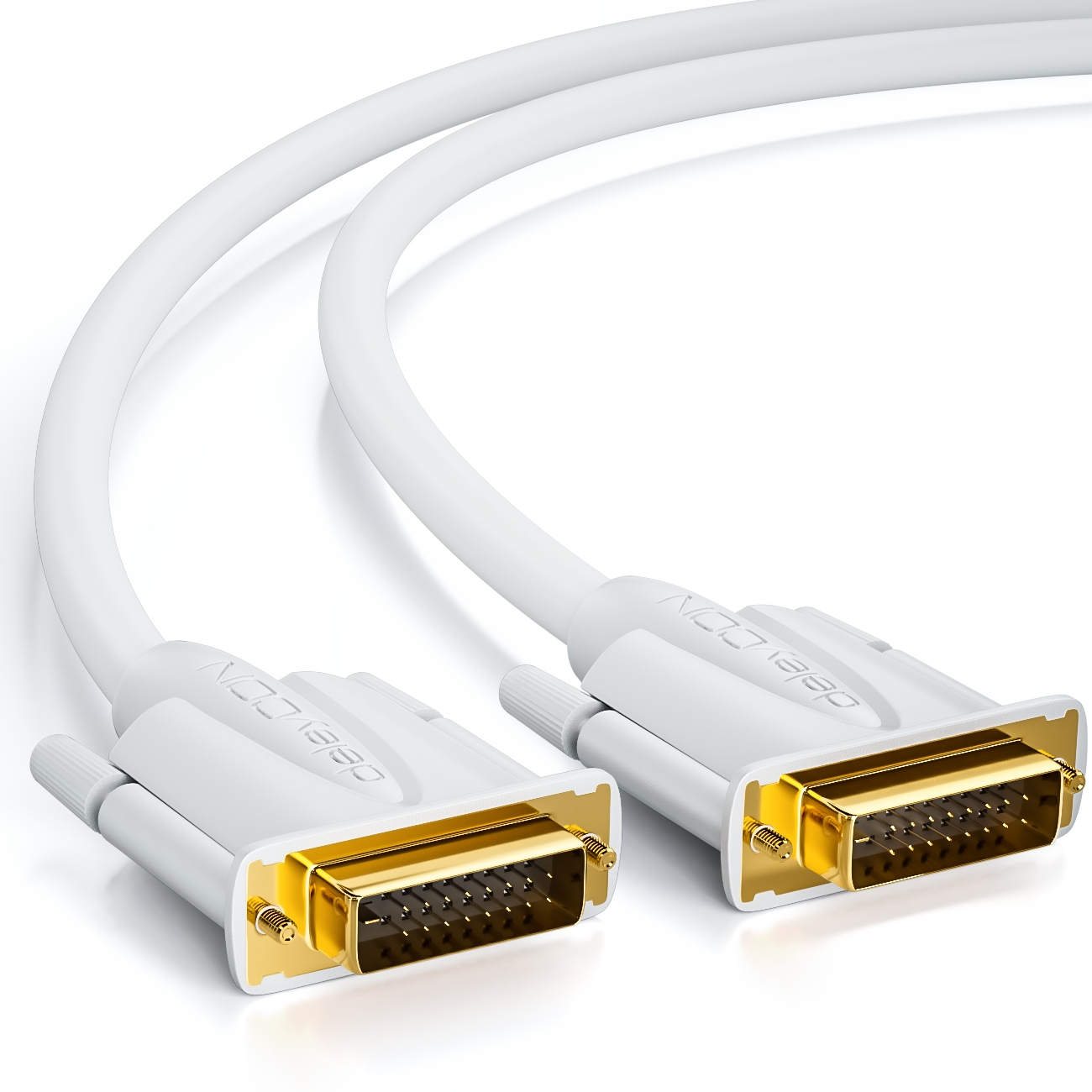 Zwei weiße DVI-Kabel mit goldenen Steckern und 'deleyCON'-Logo. Weißer Hintergrund.