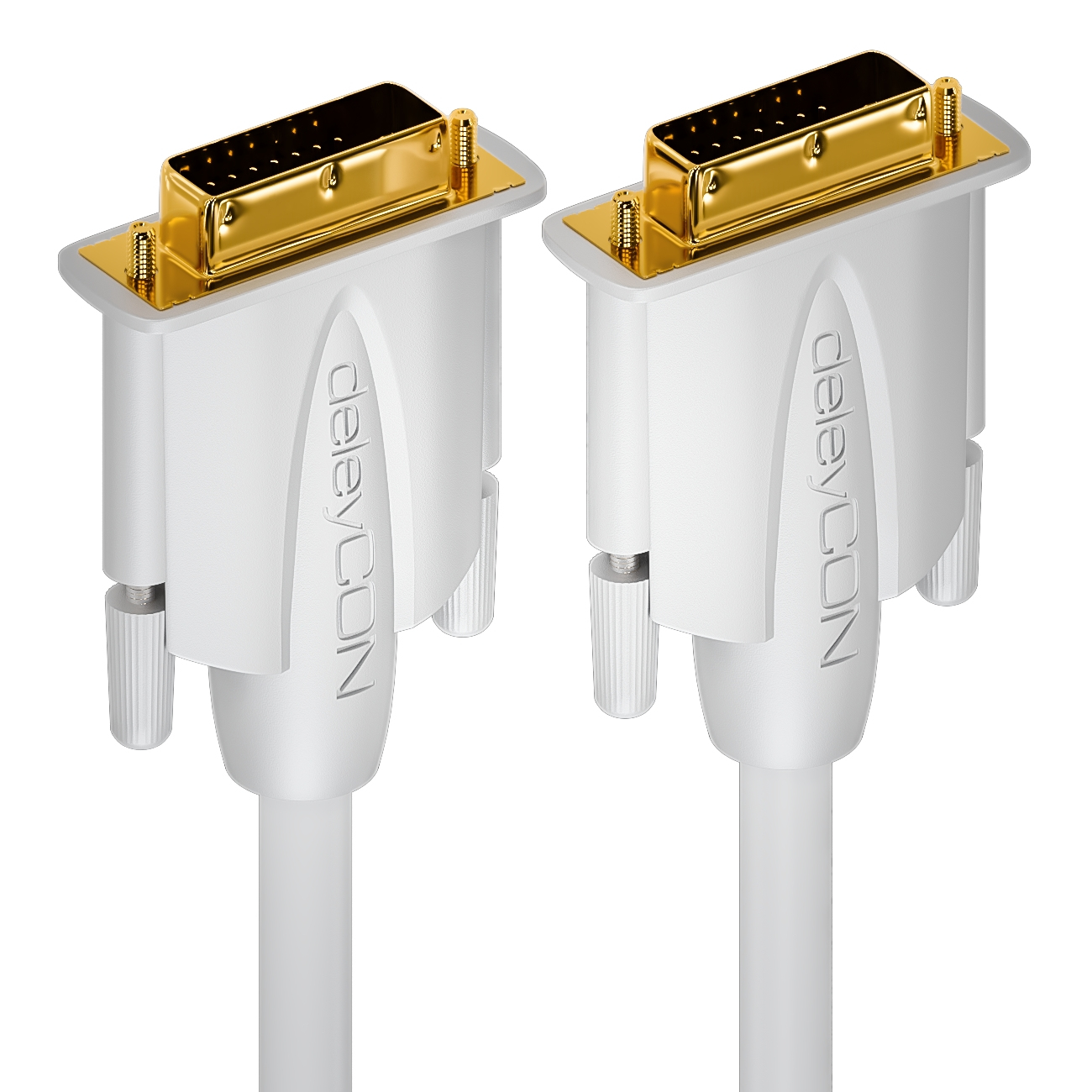 Zwei weiße DVI-Stecker mit goldenen Pins, weißes Kabel und 'deleyCON'-Logo.