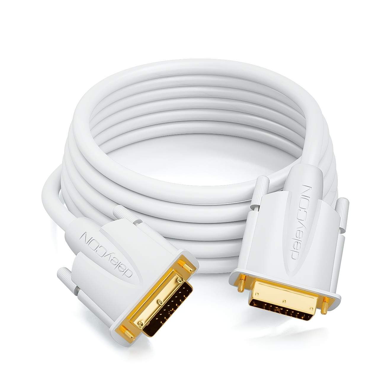 Gerolltes weißes DVI-Kabel mit goldenen Steckern und 'deleyCON'-Logo, weißer Hintergrund.