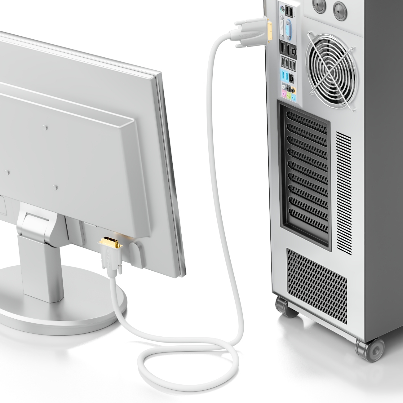 Computerbildschirm und -turm, verbunden durch ein weißes DVI-Kabel, 'deleyCON'-Logo sichtbar.