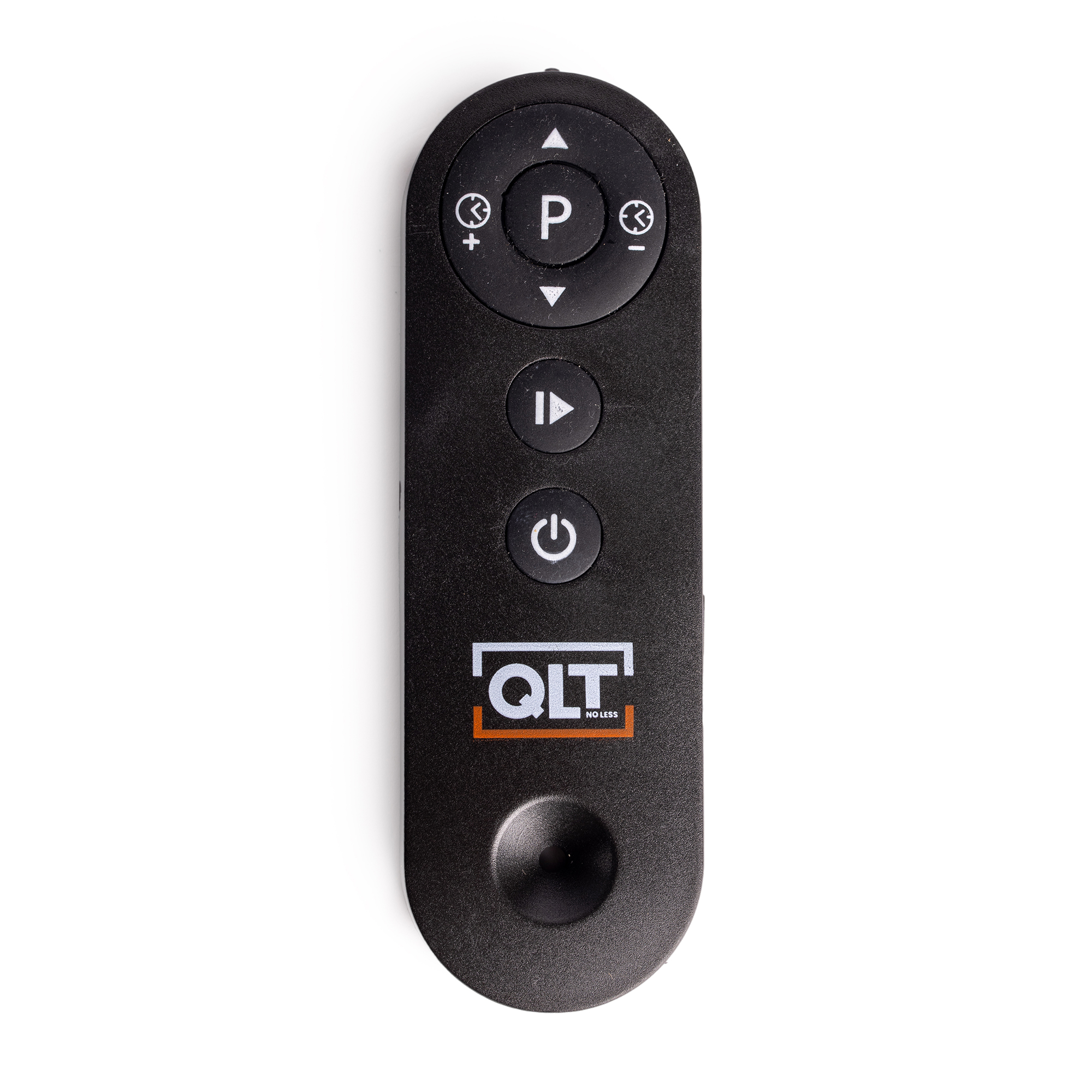 Black QLT remote control. Shows buttons for power, play, and other functions.