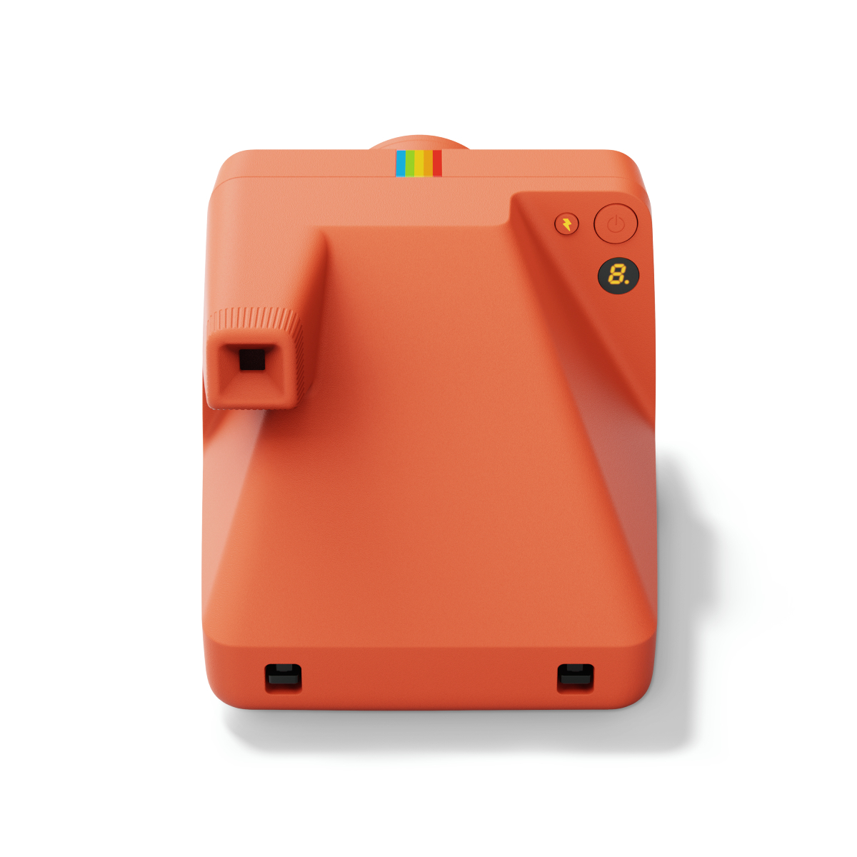 Un appareil photo instantané orange avec un fond blanc, vu de dessus.