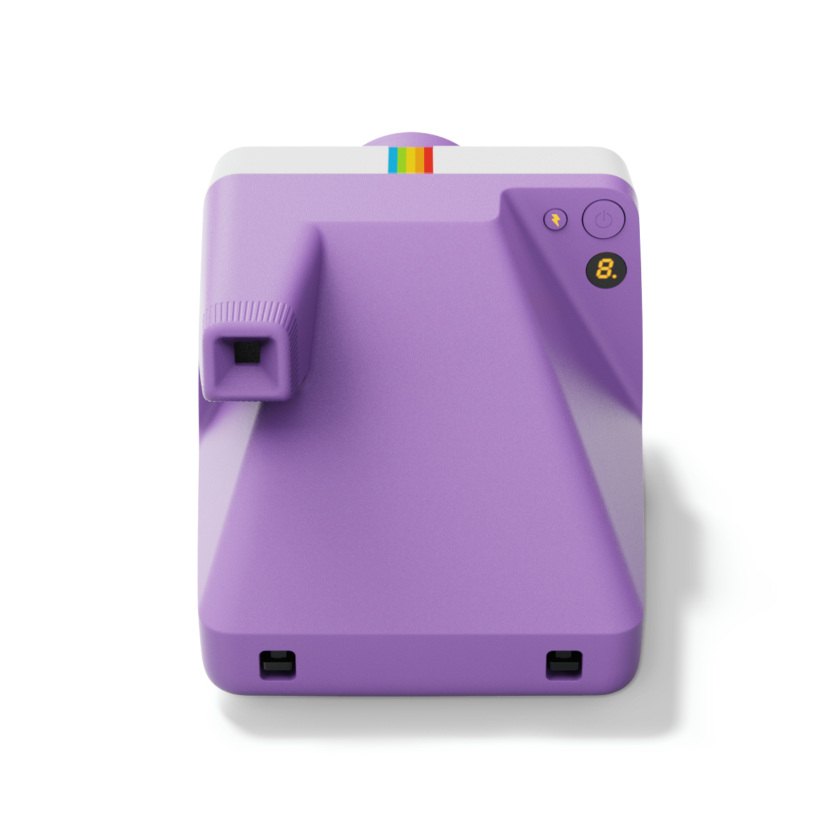 Una fotocamera Polaroid lavanda vista dall'alto, su sfondo bianco.