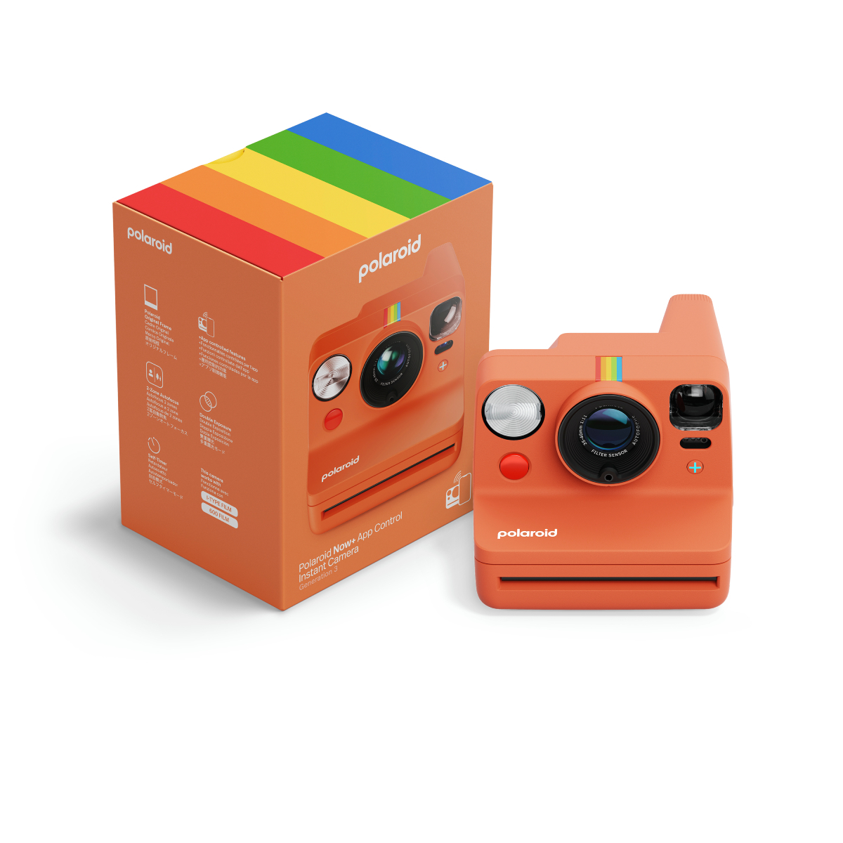 Un appareil photo instantané Polaroid Now+ orange et sa boîte arc-en-ciel, sur fond blanc.