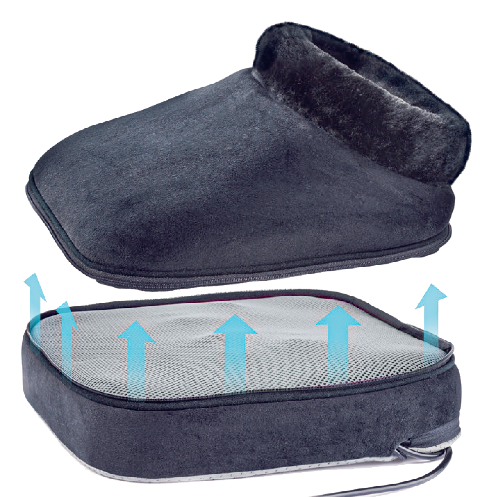 Blue heated slipper. Open, showing the heated insole.