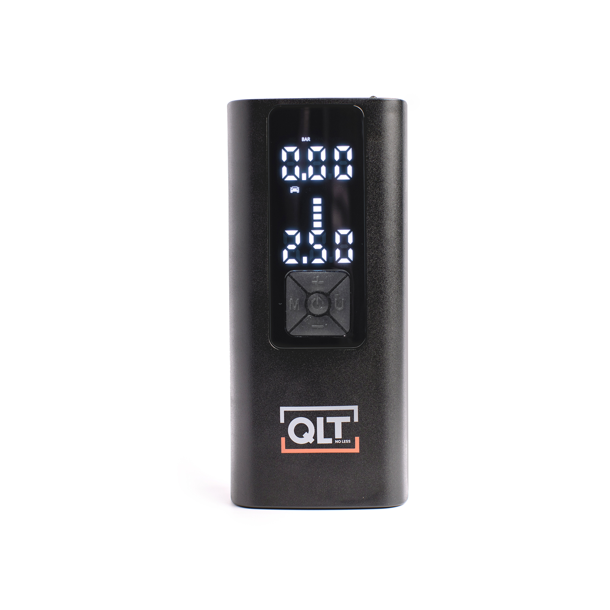 A black QLT air pump with a digital display showing pressure and buttons for operation.