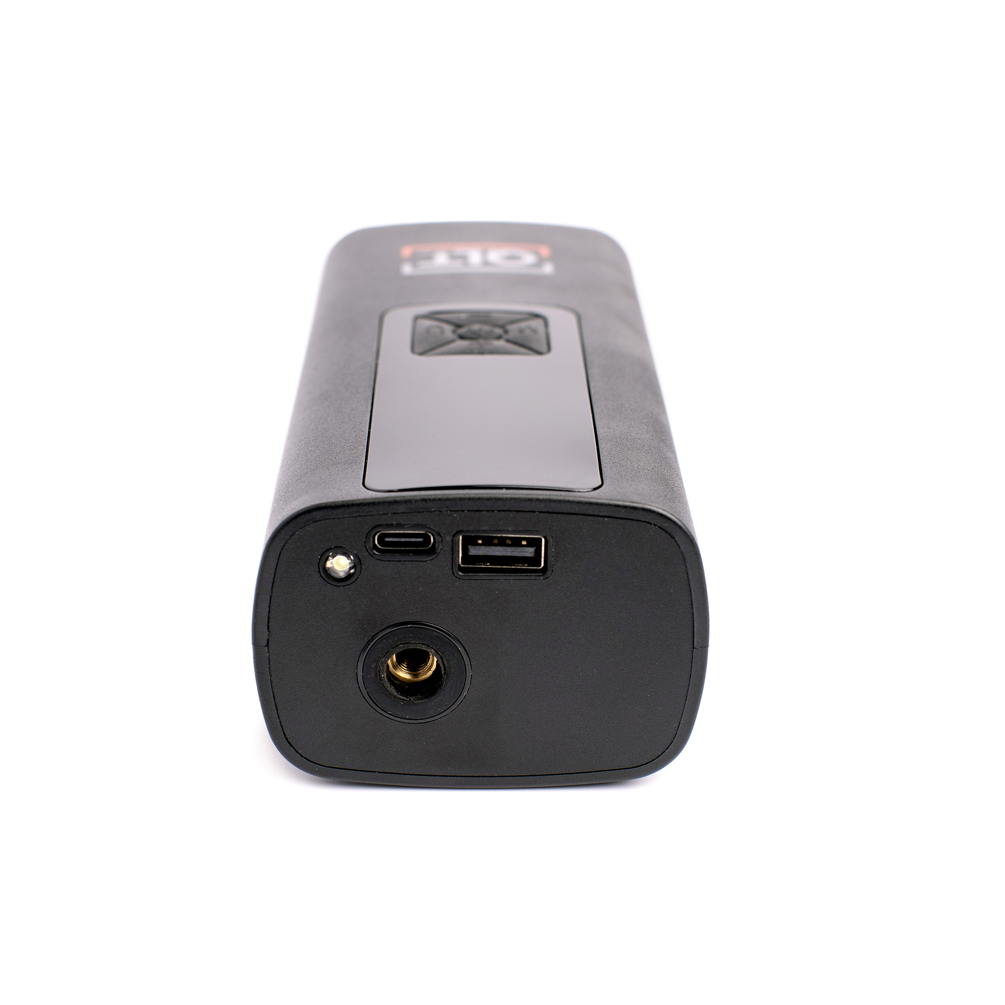Black device, looks like a power bank, with various ports. USB and Type-C ports are visible.
