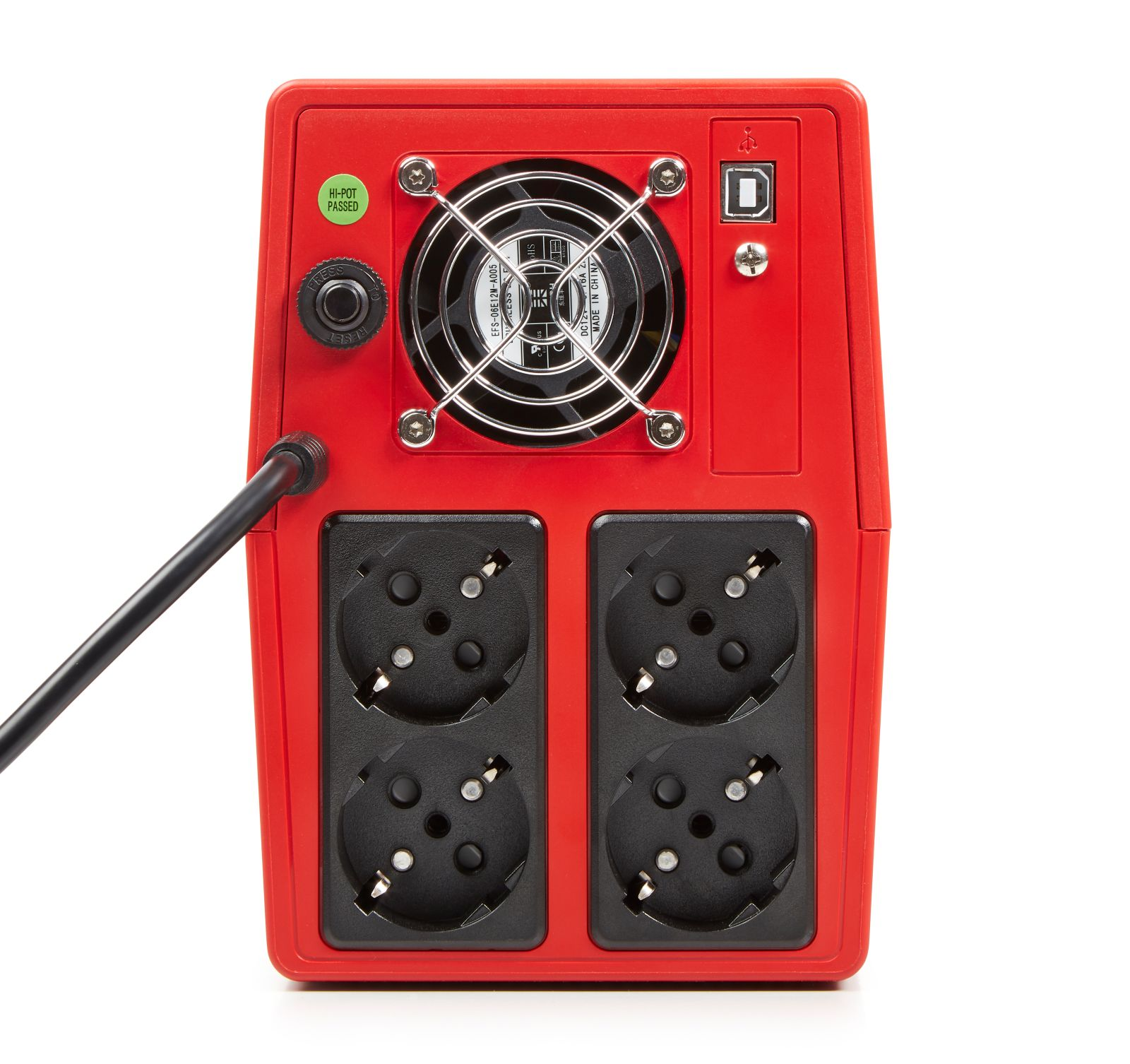 Retro alimentatore rosso con ventola, prese e cavo nero.