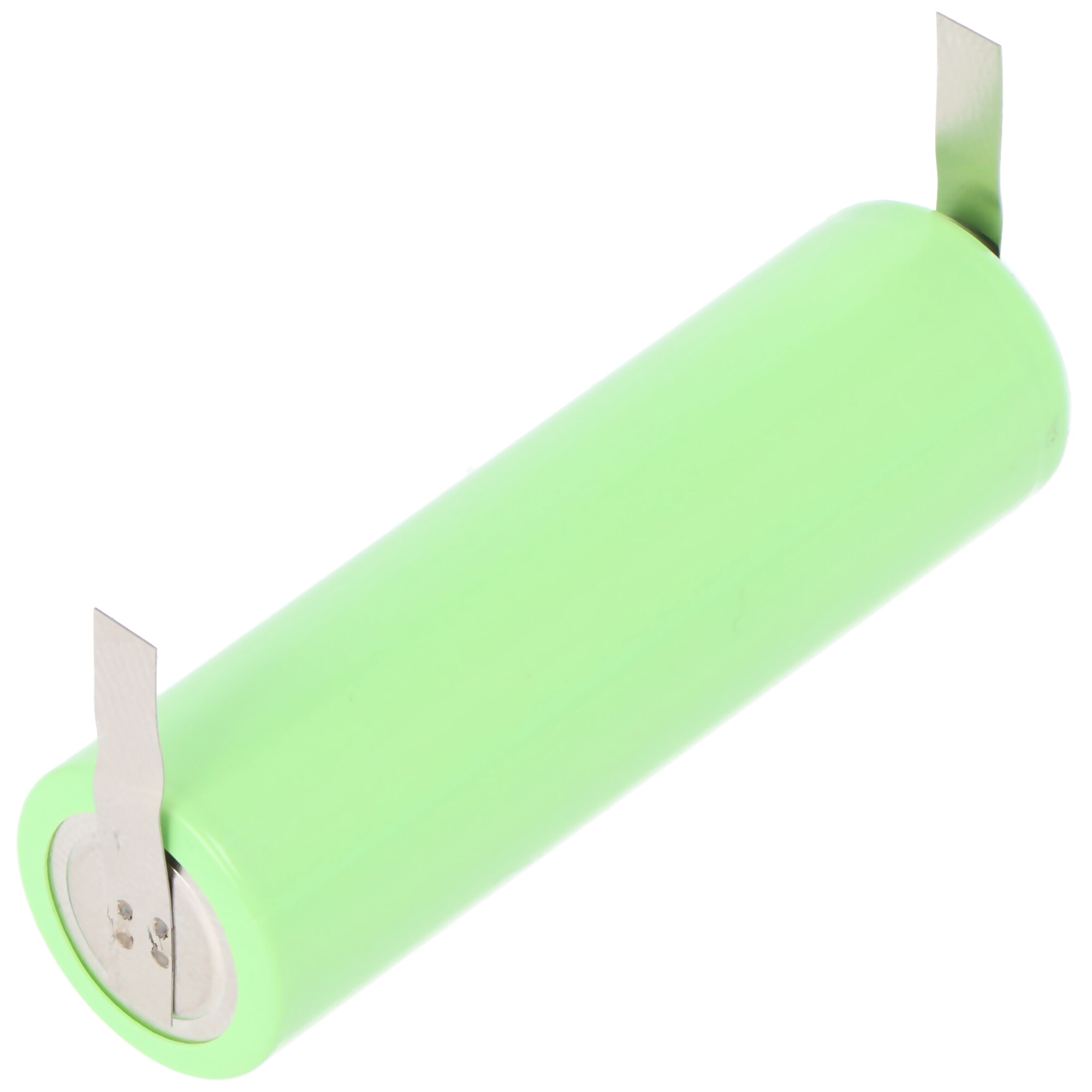 Eine grüne zylindrische Batterie mit Metalllaschen, die an beiden Enden herausragen.
