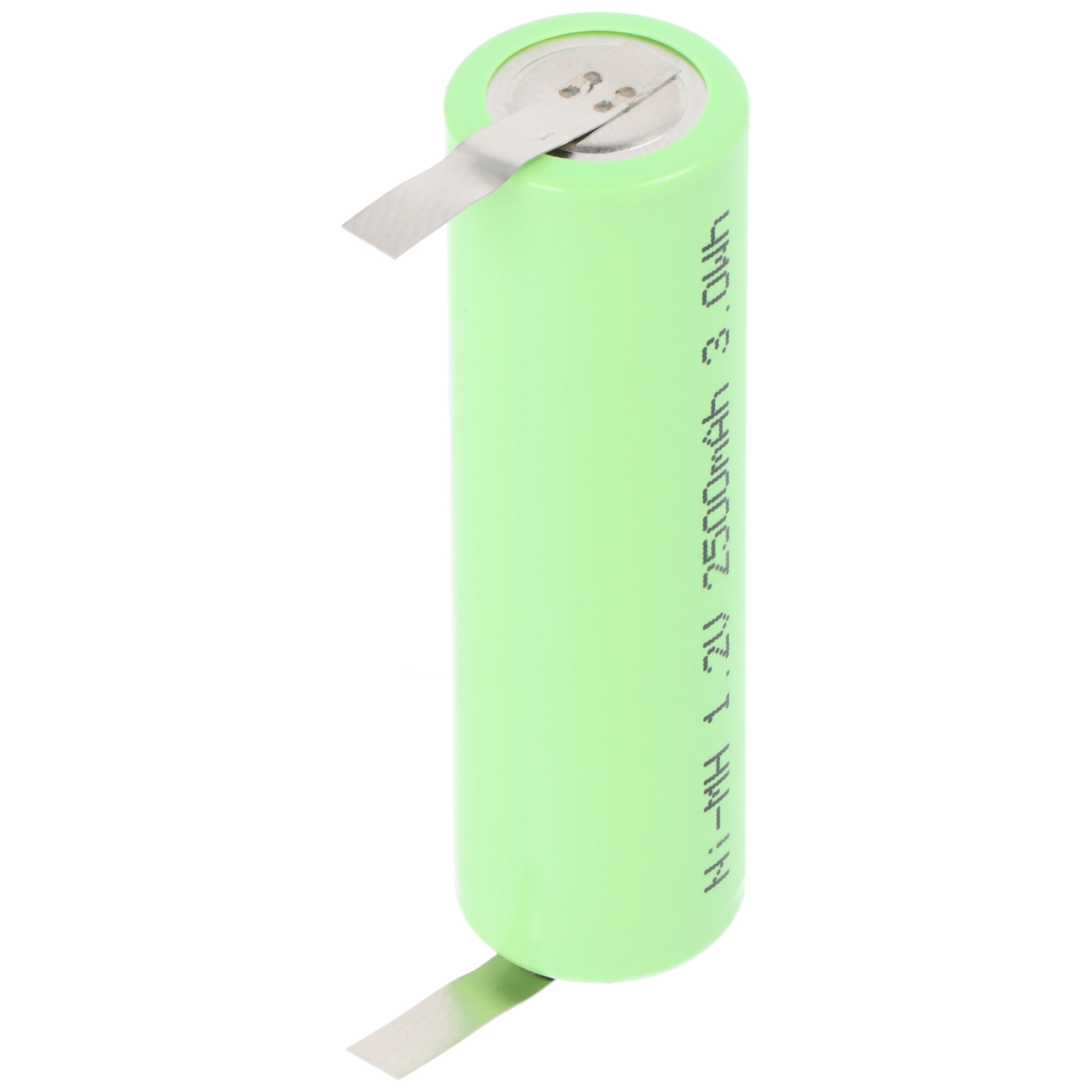 Grüne zylindrische Batterie mit Metalllaschen, die sich von oben erstrecken, auf weißem Hintergrund.