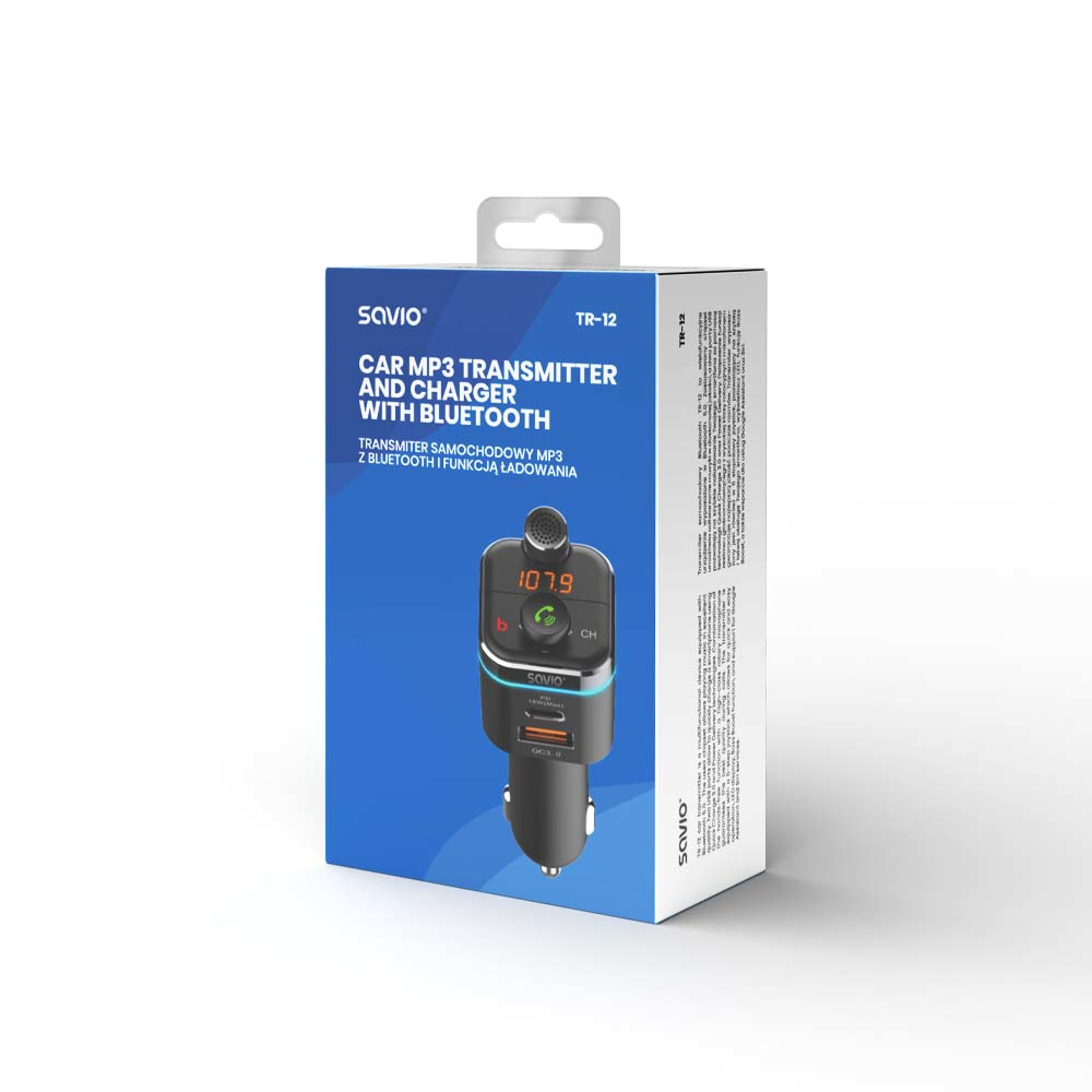 Transmisor y cargador MP3 para coche con Bluetooth en caja. Dispositivo y pantalla negros.